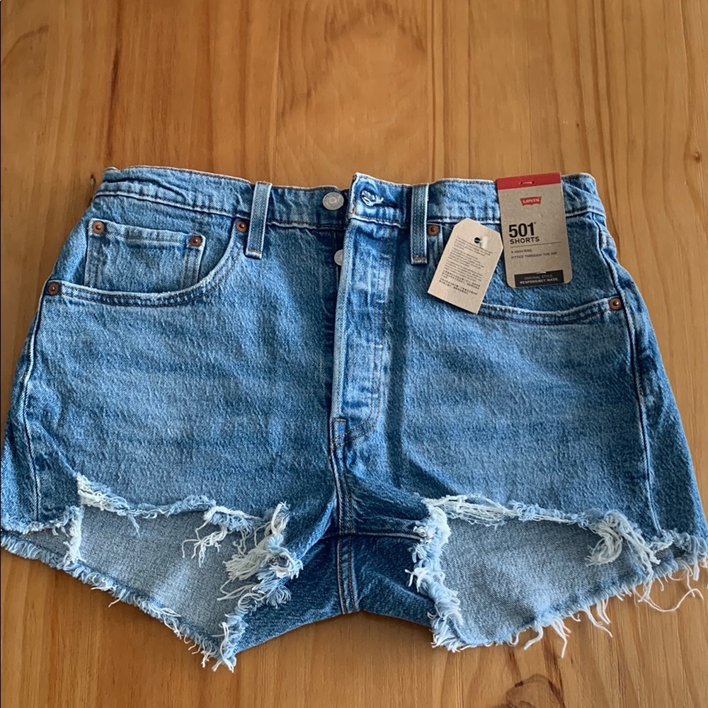 Levi's Blue High-Waisted Distressed Jean Shorts